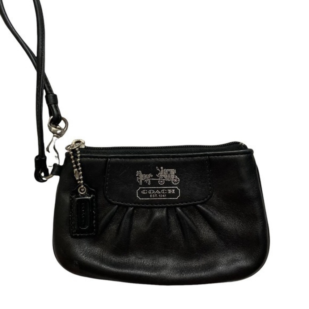 Coach leather gathered pleated Madison carriages wristlet bag black/silver tone